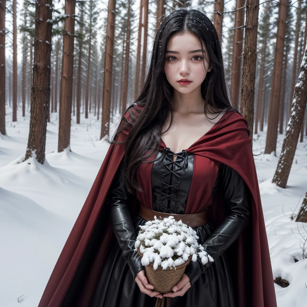
17 year old girl, long dark black hair, clear skin, big brown eyes, slim appearance,  Red lips, She wears a medieval peasant dress with a cape and is collecting plants in the forest that is covered in snow.