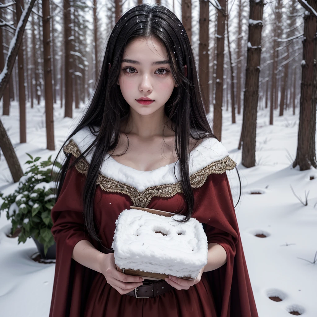 girl, long dark black hair, clear skin, big brown eyes, slim appearance, Red lips, She wears a medieval peasant dress with a cape and is collecting plants in the forest that is covered in snow.