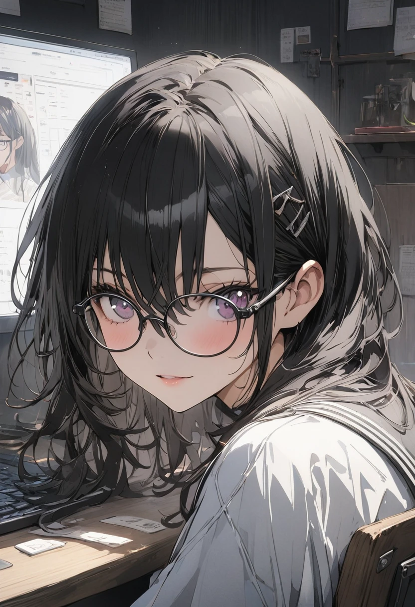 (1 boy), (), male, tie, holding a book, small book in hand, (holding small book), Thick black frame glasses, shy, black messy hair, bluish-grey eye color, wearing glasses, 4k, detailed, anime 4k, (Curly hair), from side, character focus, ((black light)),((dark lighting)), cinematic lighting ,(darkness), (concept art), high resolution,(incredibly absurdres) ,extremely detailed CG unity 8k wallpaper, ((masterpiece)), ((top-quality)), (beautiful illustration), ((an extremely delicate and beautiful)), (masterpiece, Best quality, ultra high resolution), Black hair, pale skin, ultra detailed eyes, Beautiful and detailed face, detailed eyes, (Centered, torso), (wide shot:0.9), facing the viewer, Eye level, ((male)), shy, blushing