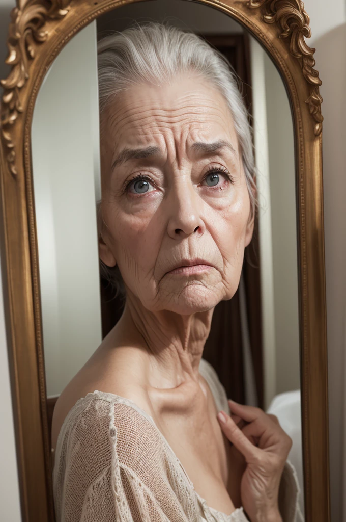 create a natural image of a very beautiful woman looking in the mirror, but in the mirror she looks like a 90 year old woman, very ugly, poorly dressed, grumpy, sad