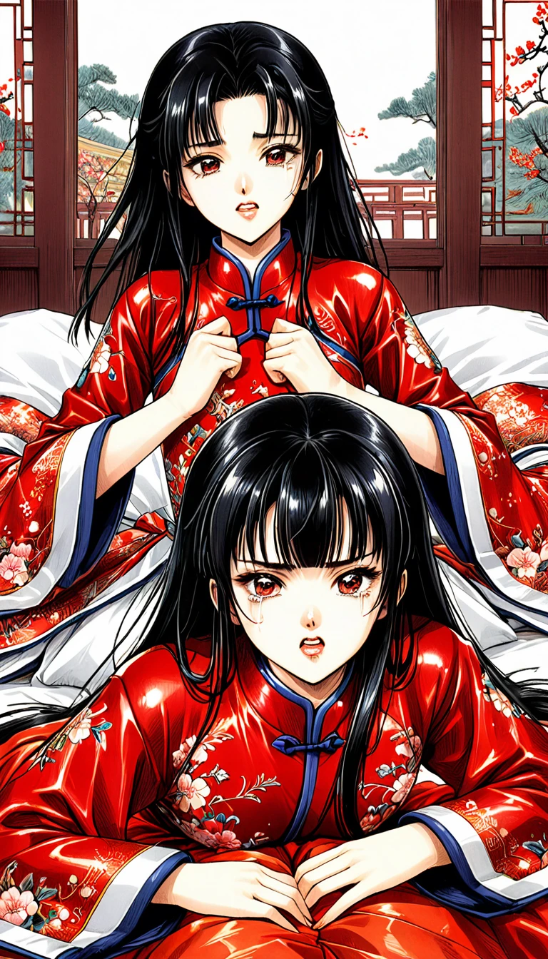 8k Tragic historical drama in live-action style: Beautiful palace secrets　Beautiful Chinese  kung fu girl with long black hair gets fucked by demon king　Gorgeous embroidery, Ultra glossy, She is wearing a shiny red long-sleeved floral kung fu suit....　　She cries loudly and is made to lie on a floral futon and has a penis inserted into her　She spreads her legs wide