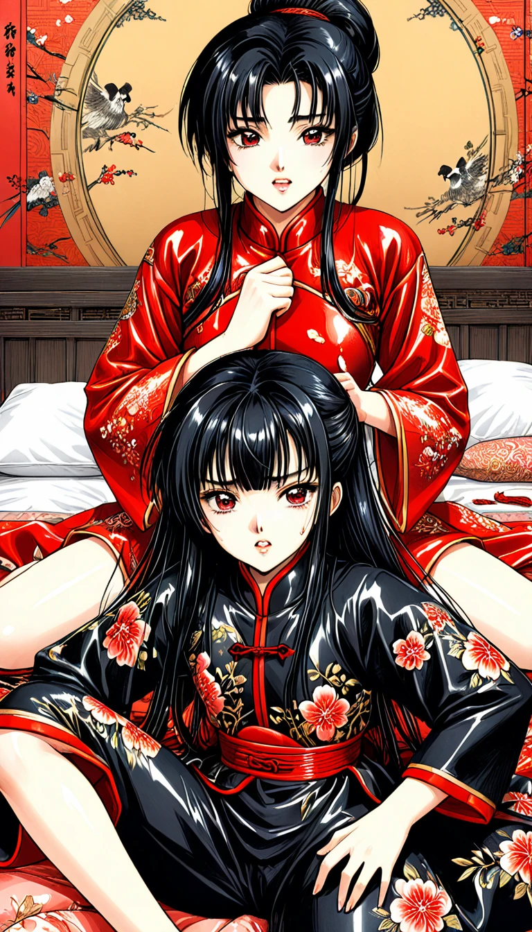 8k Tragic historical drama in live-action style: Beautiful palace secrets　Beautiful Chinese  kung fu girl with long black hair gets fucked by demon king　Gorgeous embroidery, Ultra glossy, She is wearing a shiny red long-sleeved floral kung fu suit....　　She cries loudly and is made to lie on a floral futon and has a penis inserted into her　She spreads her legs wide