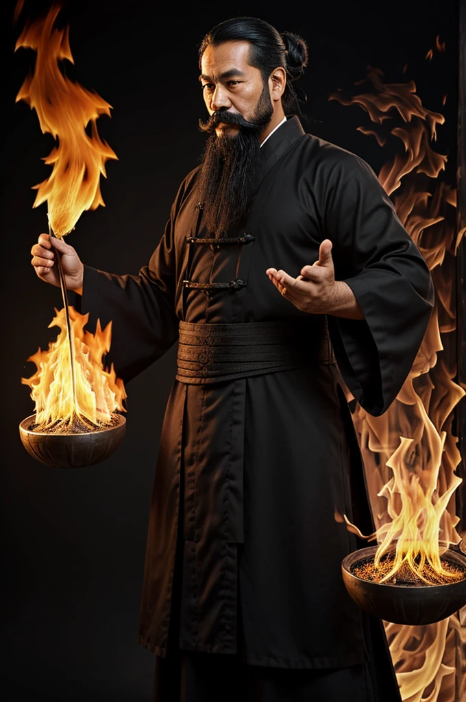SENSEI, chino, traditional chinese tunika, black color, 43 years, long black hair updo, black mustache and beard, ((elemental sorcerer)), ((fire magic))