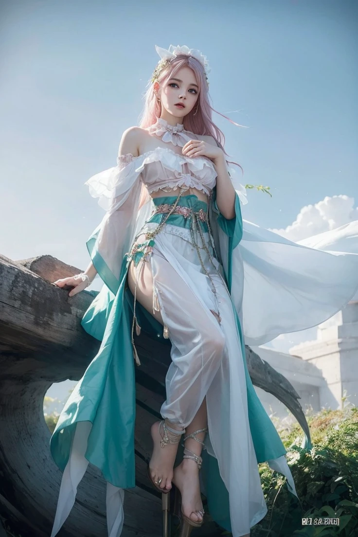Beautiful super delicate girl wearing a ta dress with pink hair. 8K ultra-high image quality, delicate texture, fundo branco puro.