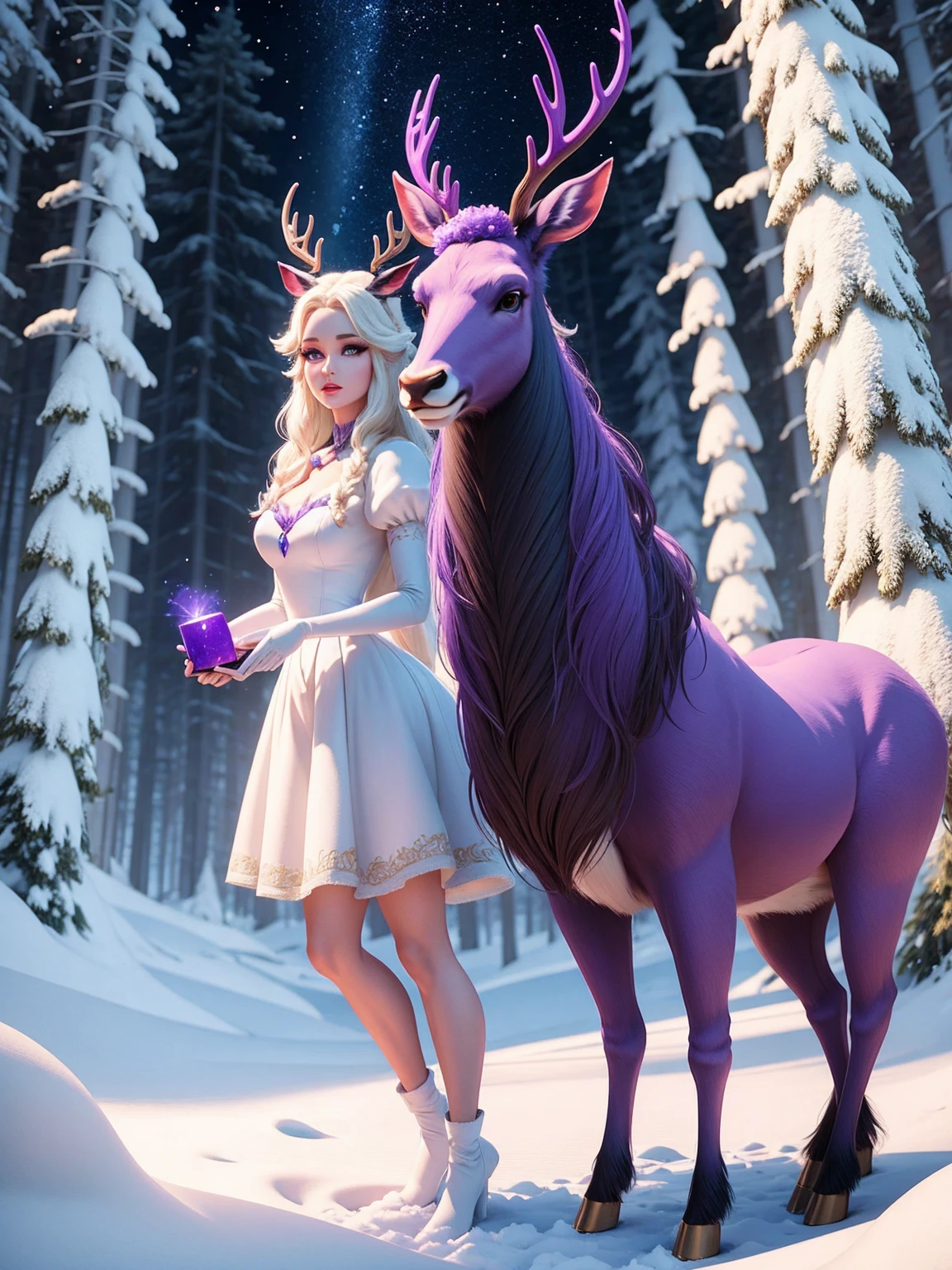 3D cartoon characters,Majestic and elegant purple elk,With antlers, Enchanted Forest, Light cream body lotion, Mysterious Lights, Magic Elements,Next to her stood the beautiful Snow White, touching the deer's head.