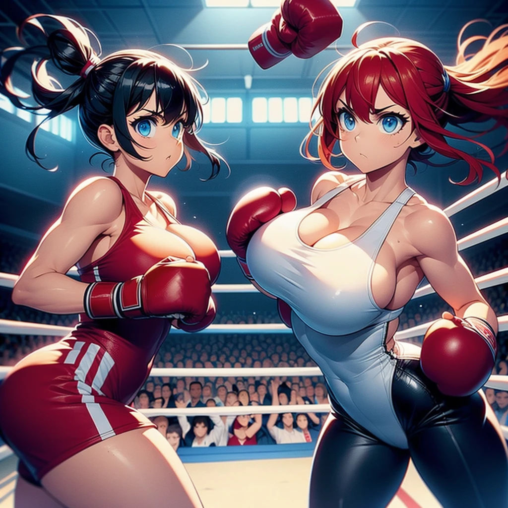 NSFW ,Side Scroll game, Fullbody shot , Female boxing Face to face, Wear leotard , So huge breasts.