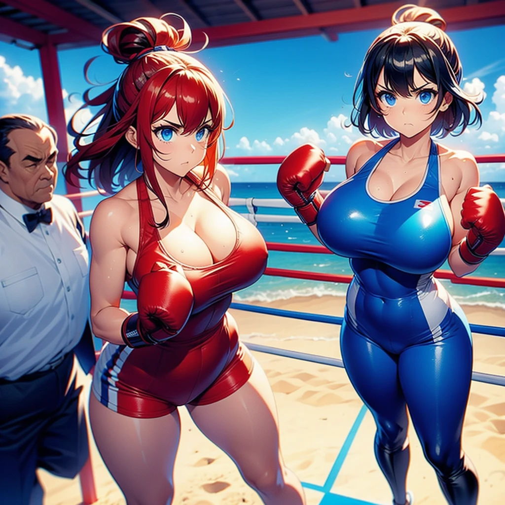 NSFW , on the beach boxing ring , POV , Big and smalls , Fullbody shot , Wear racing swimsuit with pantyhose , Female boxing , huge breasts.