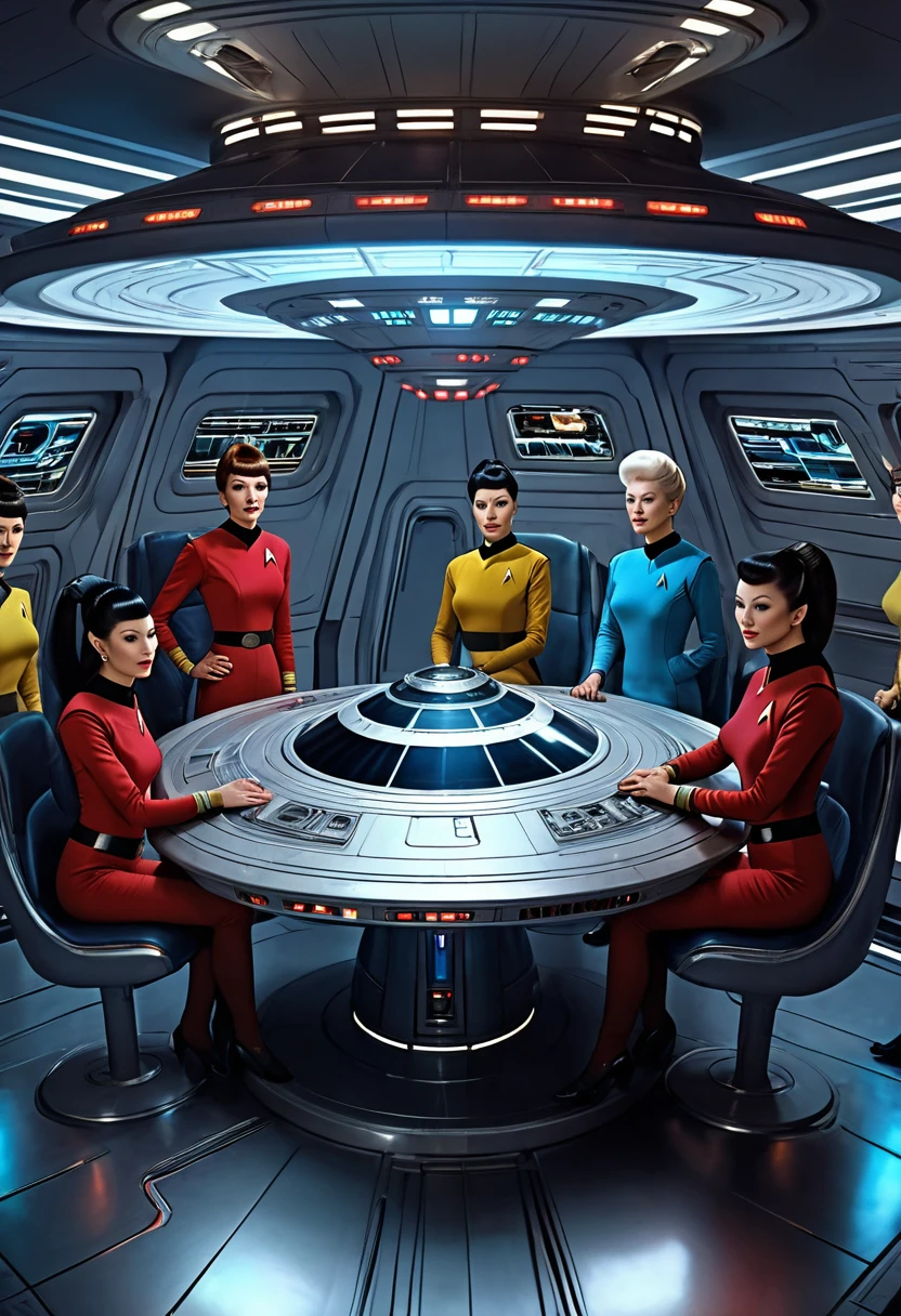 very best quality, masterpiece , a very retro vintage kinda look feel 8K,High HD,higher rselutionHigh quality very anime semi realism a very Star trek Federation spaceship crew with males female all kinda humans rtcraces aliens etc