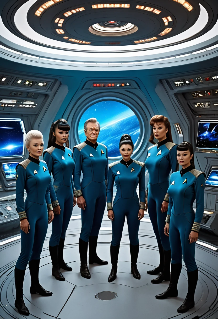 very best quality, masterpiece , a very retro vintage kinda look feel 8K,High HD,higher rselutionHigh quality very anime semi realism a very Star trek Federation spaceship crew with males female all kinda humans rtcraces aliens etc