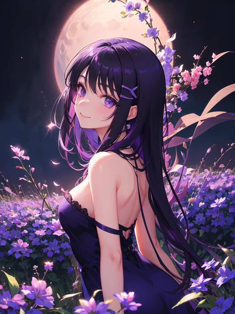 art by Cornflower,(​master piece),(top-quality:1.2),(8k anime),(perfect anatomy),((arms behind back)),1 girl,beautiful detailed purple eyes,wearing purple dress,(Beautiful silky purple hair:1.2),black flower hairpin,(girl standing in purple flower field),sideways glance,from side,(Highly detailed elegant),Rich colors, Silky to the touch, Hyper Detail,create an ethereal atmosphere like a dream,film lighting,high contras,Captivating smile