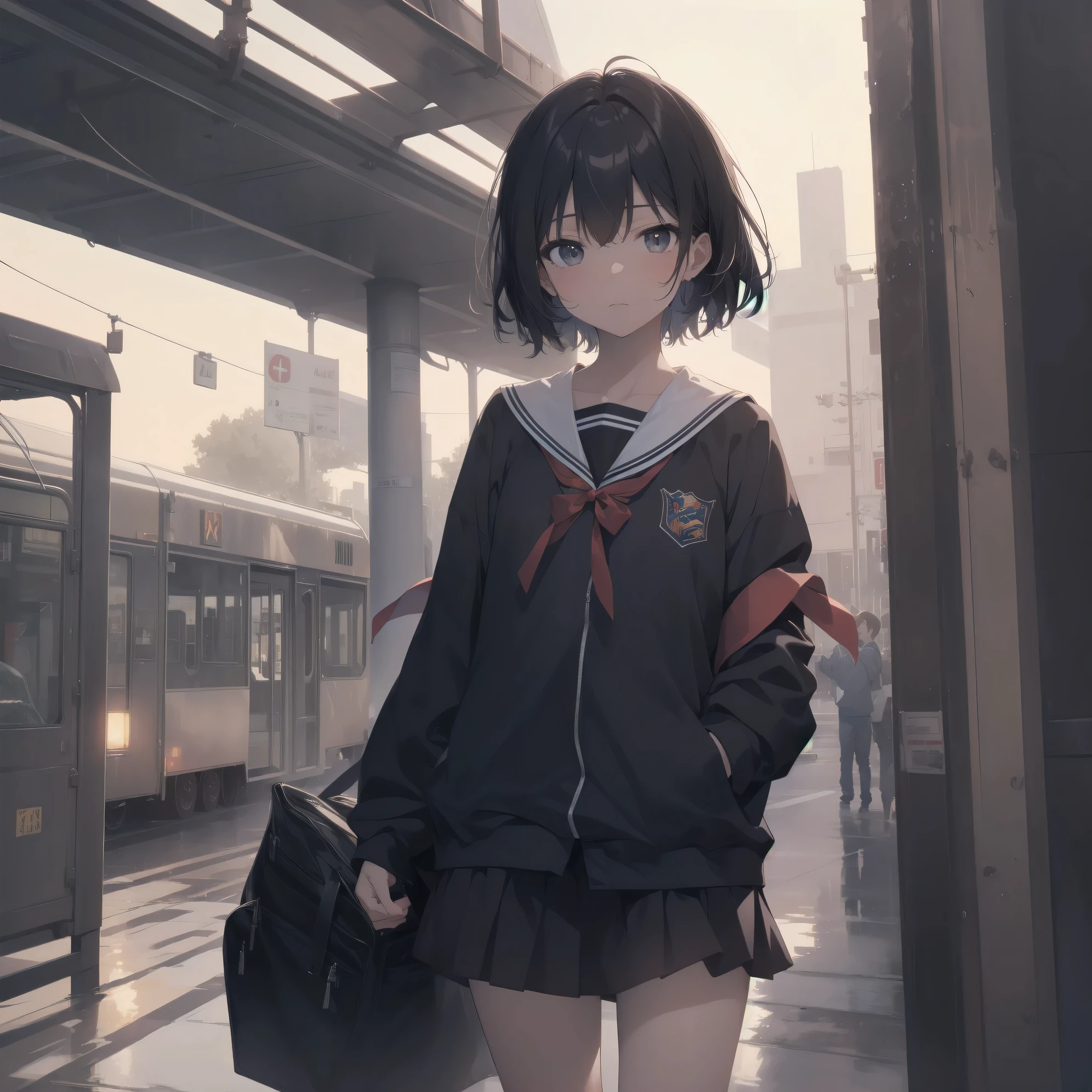 ultra-absurdres-Top quality by artist God, ultra-detailed, high resolution, anime moe artstyle, best anime 8k konachan wallpaper, pixiv contest winner, pool:2810, perfect anatomy,break, 1girl, (Please draw a girl walking sleepily to school alone. )break,(Solo,little female, 13-year-old:1.3),Full limbs, complete fingers,a junior high school student, (very short hair), short cut, flat chest, , small butt, small black eyes, beautiful detailed eyes, well-proportioned iris and pupils, expressive eyes, highres detailed hair, soft expression, salor school_uniform, sailor collar, serahuku, bow, pleated skirt,(Detailed Lighting), (Detailed background), in the School commute route. break,super detailed skin, Best cinematic lighting powered by famous artist, 8k,beauty illustration,photoshop_(medium),very aesthetic,break,((artist:null_(nyanpyoun) )), artist:clamp ,artist:carnelian ,artist:kantoku ,

