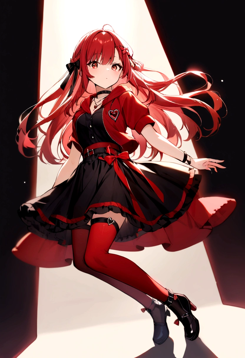 a girl with a red skirt and a black skirt that is under the red shirt . red stockings . red zip up hoodie, black shirt underneath with short sleeves and ,red hair, long hair and a flower with a ribbon on the bottom on the side on the hair and red eyes has a black Choker , and a small heart red necklace , has a ribbon bow waistband , full body