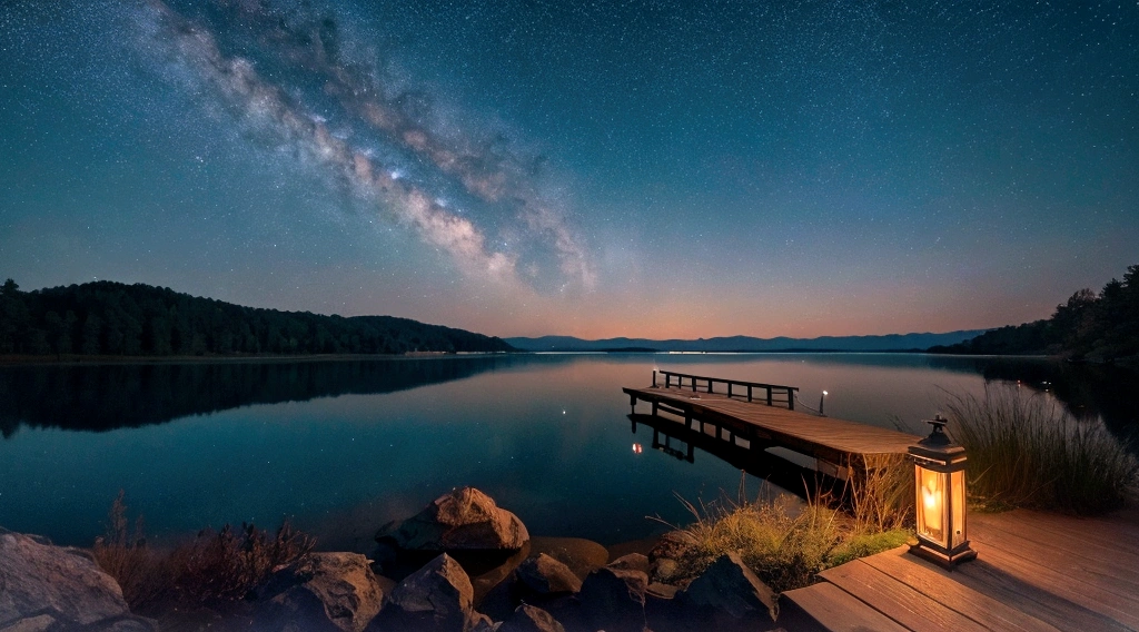 Lakeside、Beautiful lake、evening、The vast starry sky、Cinematic、Movie Scenes、8K、high resolution。