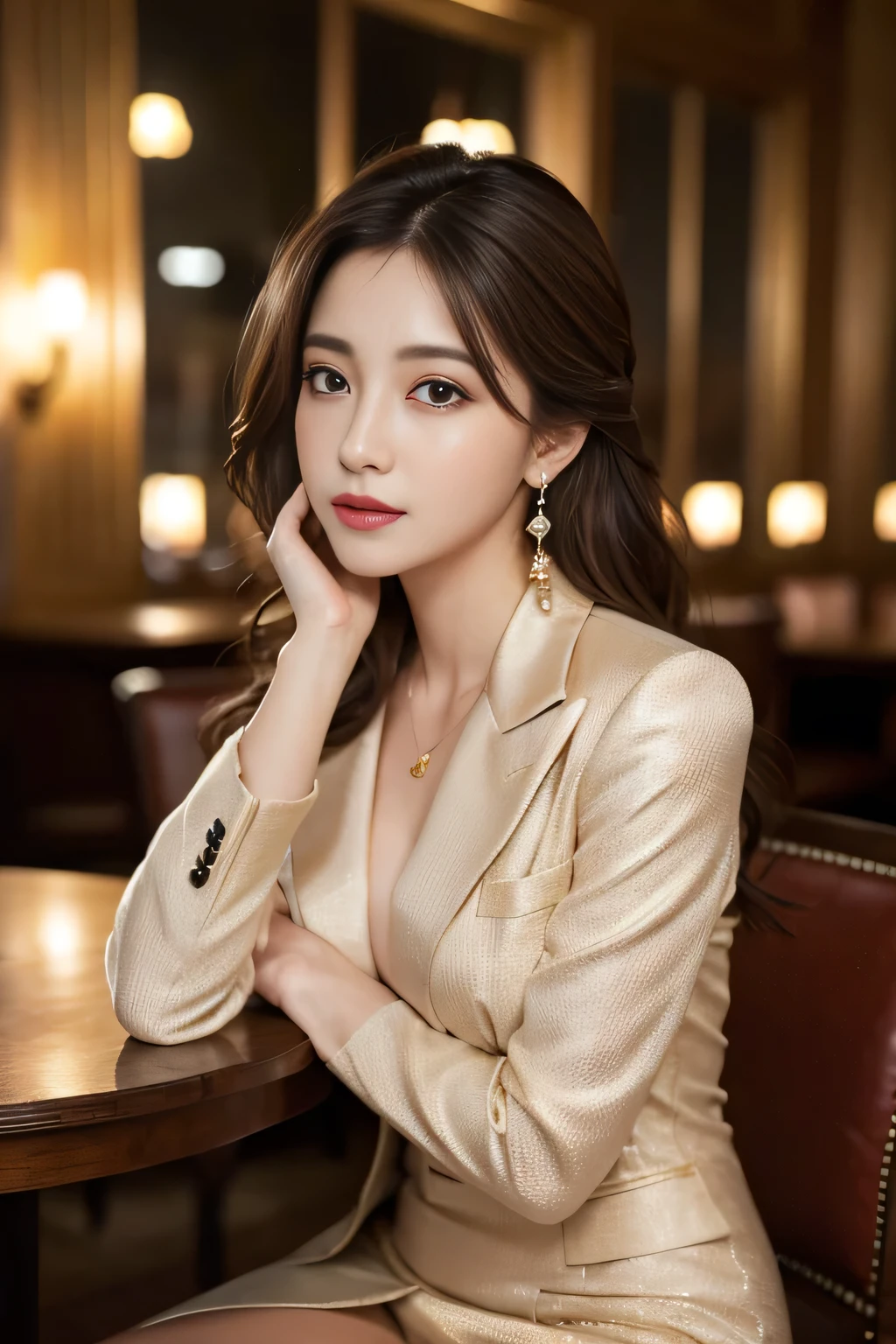 masterpiece, Highest quality, Realistic, Very detailed, Finer details, High resolution, 8k wallpaper, One beautiful woman,Wear a nice suit, In a great restaurant, At night, Light brown messy hair, Perfect dynamic composition, Beautiful and beautiful eyes、Big earrings、Sit on a chair