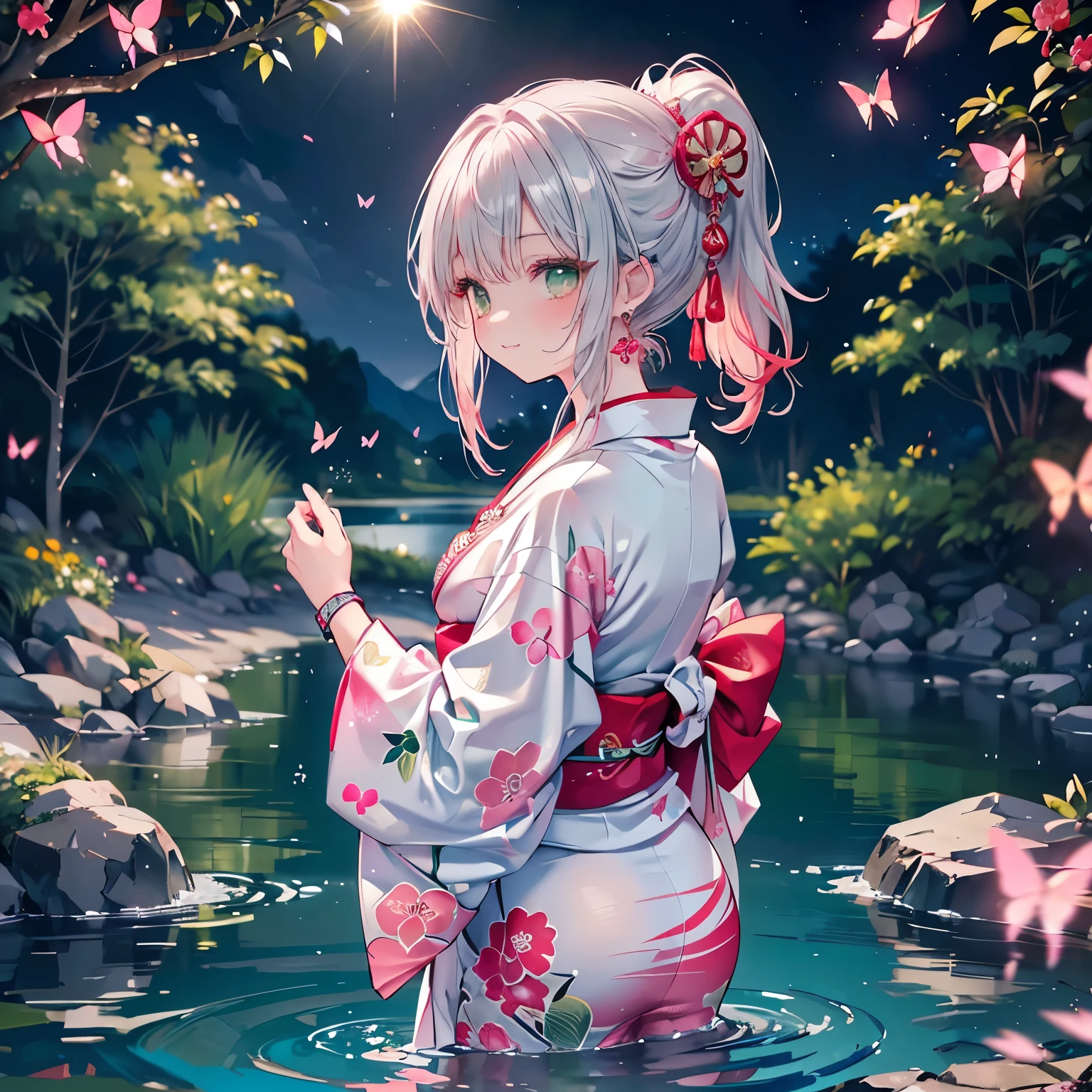looking back,
high angle,from above,cleavage,(beautiful pink and green butterflies and dragonflies all over the place),colorful flowers,fantasy beams and lights,
((masterpiece:1.4, best quality)), ((masterpiece, best quality)),((beautiful pony tail silver red hair,beautiful emerald green eyes, girl)),wet full body, bathing in the water,(beautiful emerald green lake),water splash,lovely laugh,((sexy colorful japanese yukata)),(Lace chalker, wristband, diamond necklace,earrings),cinematic lighting and pause,beautiful natural mysterious park,night sky,full moon,(beautiful pink and red butterflies and dragonflies all over the place),
