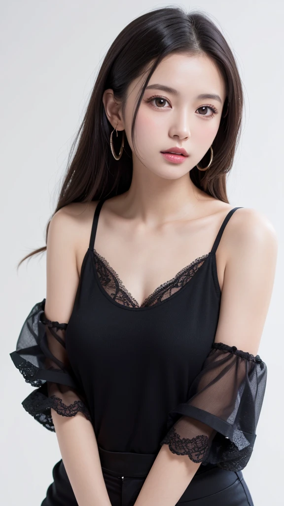 (((forehead、Northern Europe、White people、beautiful girl、Black Hair、White background、Black lace、Black frills、camisole、one piece、With sleeves)))、table top, highest quality, figure, super detailed, finely, High resolution, 8k wallpaper, Perfect dynamic composition, detailed and beautiful eyes, Deco out,bionde, breasts, Natural color lip,white background, random cute poses,