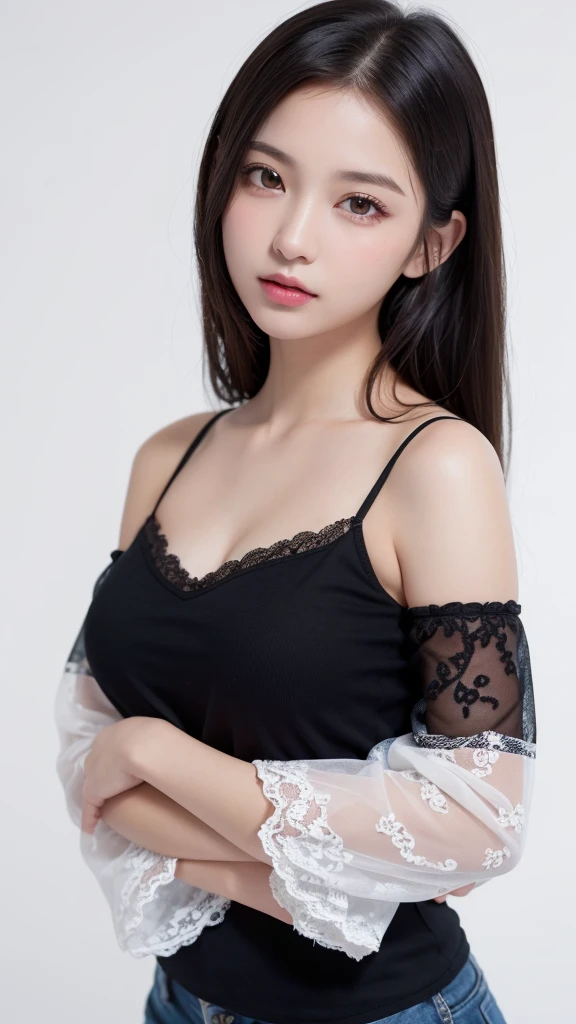 (((forehead、Northern Europe、White people、beautiful girl、Black Hair、White background、Black lace、Black frills、camisole、one piece、With sleeves)))、table top, highest quality, figure, super detailed, finely, High resolution, 8k wallpaper, Perfect dynamic composition, detailed and beautiful eyes, Deco out,bionde, breasts, Natural color lip,white background, random cute poses,