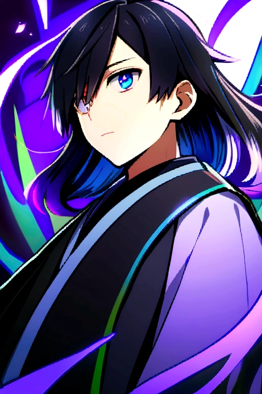 A animie boy with Black hair. His eyes are practically covered with his hair. His eyes are two diffrent colors, one blue, one purple.