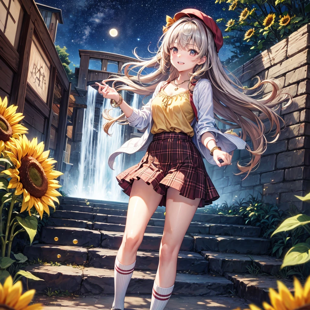 Red, brown, gold, gold hair、Golden Eyes、Hair tied up、One good looking girl、solo、anime、Checkered mini skirt、Ruffles on the skirt、camisole、Lightweight cardigan、school uniform、Black knee-high socks、Wearing a baseball cap、Ribbon、Ribbon on waist、Teeth are visible、Silver coin necklace、From above、Sunflower Tunnel、Cobblestones、waterfall、Have sunflowers、Starry Sky、Midnight Moon、suspension bridge、Soap bubbles are flying、mosquito、beam、ripple