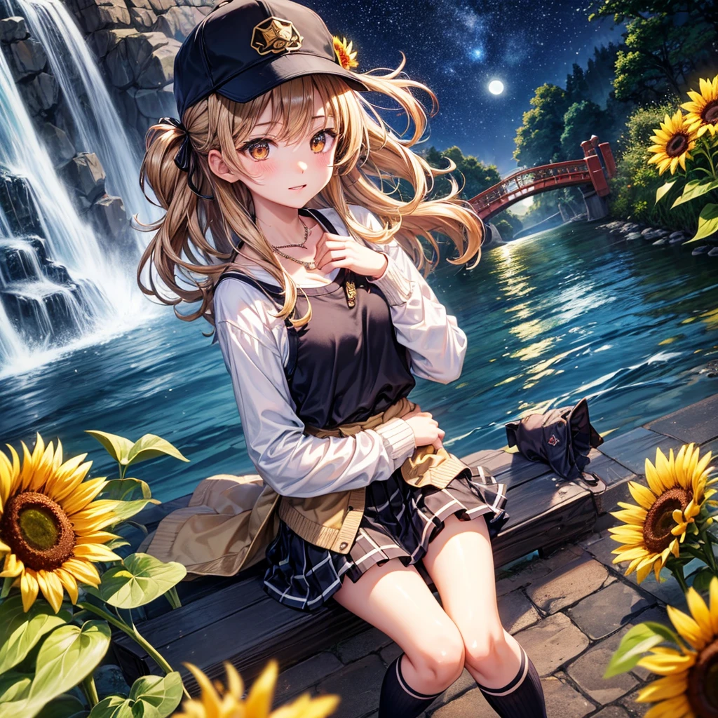 Red, brown, gold, gold hair、Golden Eyes、Hair tied up、One good looking girl、solo、anime、Checkered mini skirt、Ruffles on the skirt、camisole、Lightweight cardigan、school uniform、Black knee-high socks、Wearing a baseball cap、Ribbon、Ribbon on waist、Teeth are visible、Silver coin necklace、From above、Sunflower Tunnel、Cobblestones、waterfall、Have sunflowers、Starry Sky、Midnight Moon、suspension bridge、Soap bubbles are flying、mosquito、beam、ripple