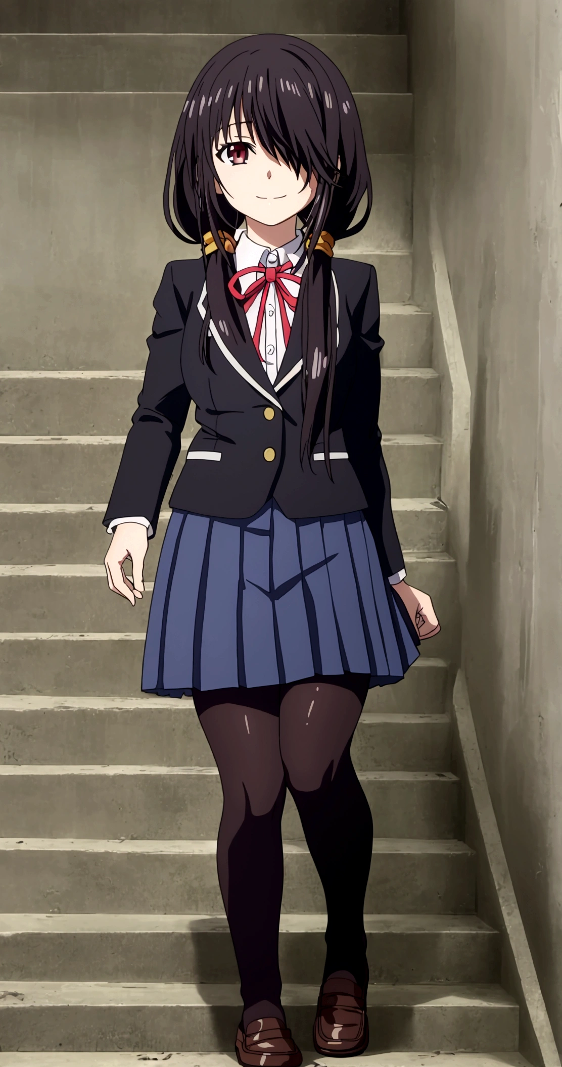 ultra-detailed,highly detailed,best quality,masterpiece,illustration,realistic, photo,photorealistic,
1girl, tokisaki kurumi,cosplay,hair over one eye, looking at viewer, happy girl,low twintails,
, blazer, collared shirt, neck ribbon, pleated skirt, pantyhose, hair rings, loafers,
indoors, walking, stairwell, 
