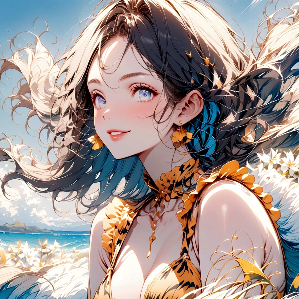 1People Girls, Best image quality,Black Hair, Long Hair, Perm Hair,Light blue eyes, Wearing a tiger print bikini, Loose and fluffy hair, Elegant and delicate eyes, Detailed facial features, Long eyelashes, Beautiful lip detail, graceful and detailed poses, whole body, Dynamic configuration,Vibrant colors, Soft and dreamy, Floral scenery,A cheerful smile,Ocean,summer,Daytime,Hawaii