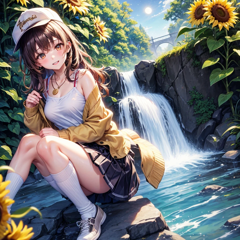Red, brown, gold, gold hair、Golden Eyes、Hair tied up、One good looking girl、solo、anime、Checkered mini skirt、Ruffles on the skirt、camisole、Lightweight cardigan、school uniform、Black knee-high socks、Wearing a baseball cap、Ribbon、Ribbon on waist、Teeth are visible、Silver coin necklace、From above、Sunflower Tunnel、Cobblestones、waterfall、Have sunflowers、Starry Sky、Midnight Moon、suspension bridge、Soap bubbles are flying、mosquito、beam、ripple