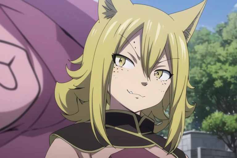 Two characters, masterpiece, best quality, UHD, ultra high quality, sketch, 1girl, , sharp focus, 9 years old, (very young:1), looking at viewer, depth of field, (Fairy Tail style:1.25), brown, curly dark brown hair, medium hair, yellow eyes, mix skin_tone, light tanned colored skin, dark freckles, (cat ears), (soft nervous smile), (anime screencap), pink composition shirt, dark magenta bomber jacket, outdoors background, science fiction social science fiction, (anime screenshot:0.67), 1boy, masterpiece, best quality, wallpaper, solo, male focus, looking at viewer, , depth of field, (watercolor illustration, soft pastel colors:1.1), realistic, jackal_fairy_tail, blonde hair, yellow eyes