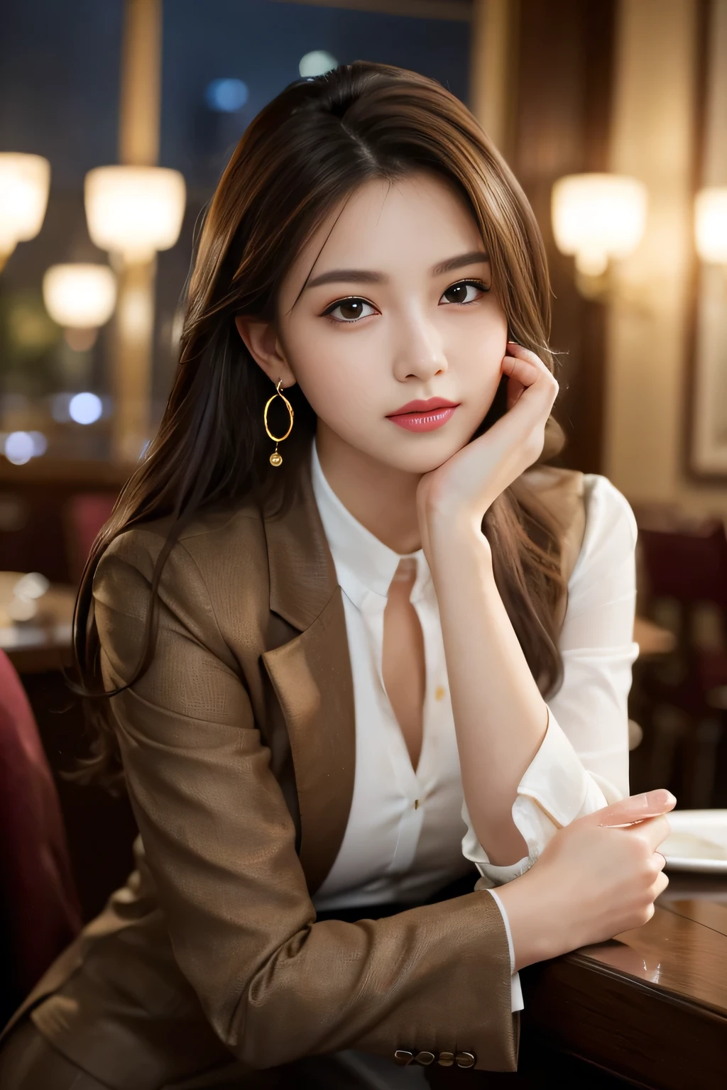 masterpiece, Highest quality, Realistic, Very detailed, Finer details, High resolution, 8k wallpaper, One beautiful woman,Wear a nice suit, In a great restaurant, At night, Light brown messy hair, Perfect dynamic composition, Beautiful and beautiful eyes、Big earrings、Sit on a chair