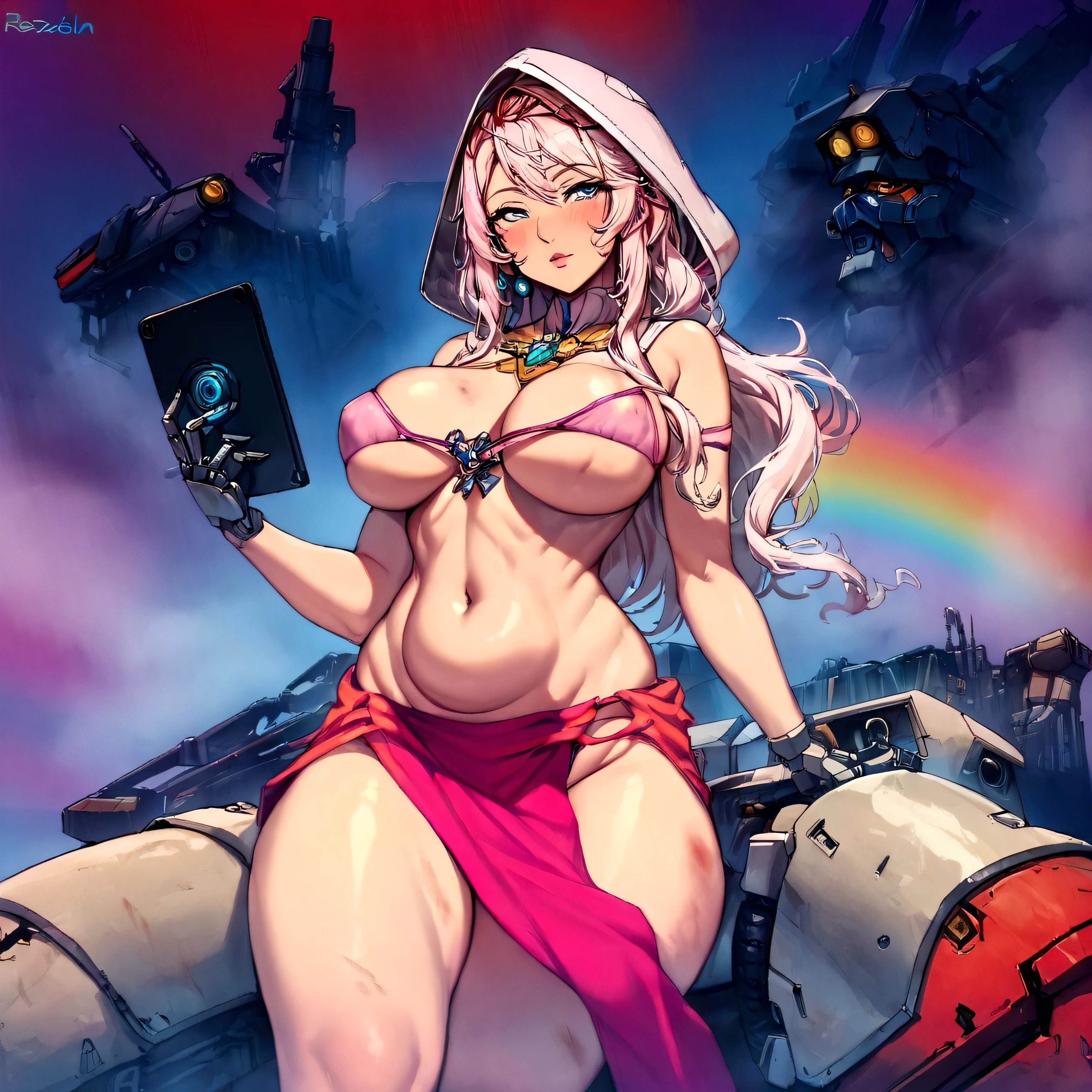 very big tits ((Masterpiece, The best quality)), illustration, 8K ultra detailed, realist, clear focus, Very detailed, Professional lighting, colorful details, Rainbow color break, high rise factory, large mechanical robot structure, tablet, computer, ((glow)), intricate details, shitu-mecha, 1 girl, mecha, belly button, color image, (cyberpunk), (redder hair: 1.2) big tits very sexy very big tits extremely big tits big cameltoe cameltoe cameltoe big cameltoe big,yellow red hair,Yellow hair, ((techpriest)), mechanical arms, obtained mechanic, Big fully naked. ((washed up red flowing modest ornate hooded technopriest dress, Dirty (red robes with oil stain)))
