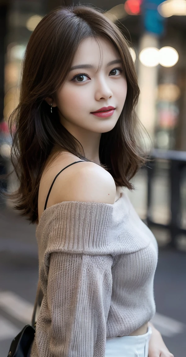 a cowboy shot woman with medium brown hair, stand in city with blur background. wear an off-shoulder grey blouse, left shoulder slightly dropped. looks directly at camera with a soft, confident expression.