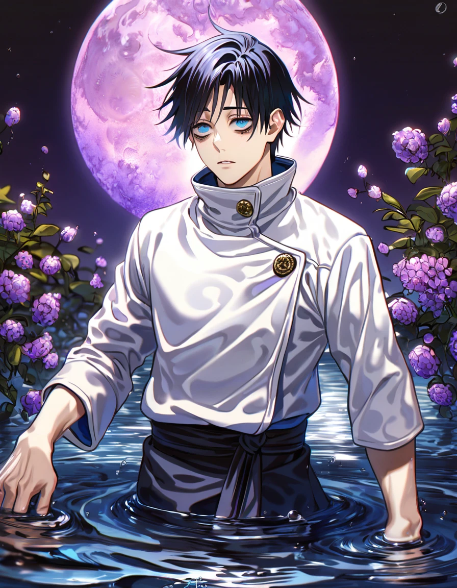 absurdres, highres, ultra detailed, HDR, masterpiece, best quality, Okkotsu Yuuta, black hair, expressive blue eyes, black bags under the eyes, Jujutsu Kaisen, solo, sexy man, handsome, white jujutsu uniform, fantasy, water, purple moon, purple blossoms, purple flowers, fantasy