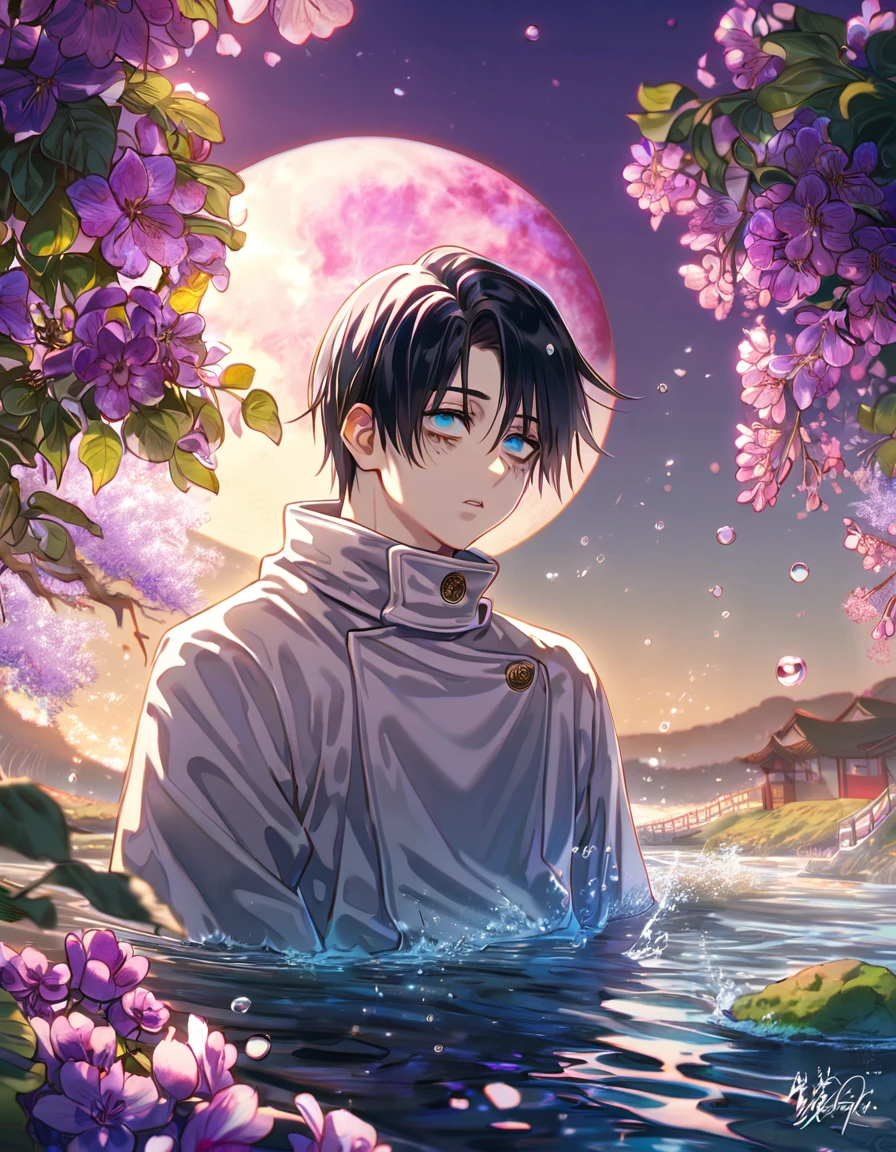 absurdres, highres, ultra detailed, HDR, masterpiece, best quality, Okkotsu Yuuta, black hair, expressive blue eyes, black bags under the eyes, Jujutsu Kaisen, solo, sexy man, handsome, white jujutsu uniform, fantasy, water, purple moon, purple blossoms, purple flowers, fantasy