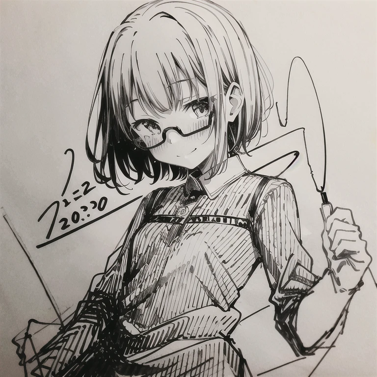 handle_sketch_style, ink, sketch, masterpiece, Best quality, 1 girl, One, short hair, hair, eyes, embarrassed, shy, smile, closed mouth, dress, monochrome, shades of gray, masterpiece, Best quality,