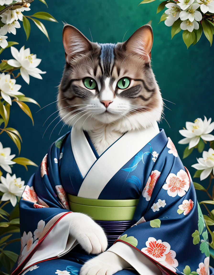 Noble cat,Japanese style、Japanese style、kimono、Reality,Anthropomorphic Cat,Role Settings,Ultra HD graphics,Delicate face,8K,magazine cover,Floral background decoration,Strong color contrast,Dark,Blue, green and white
