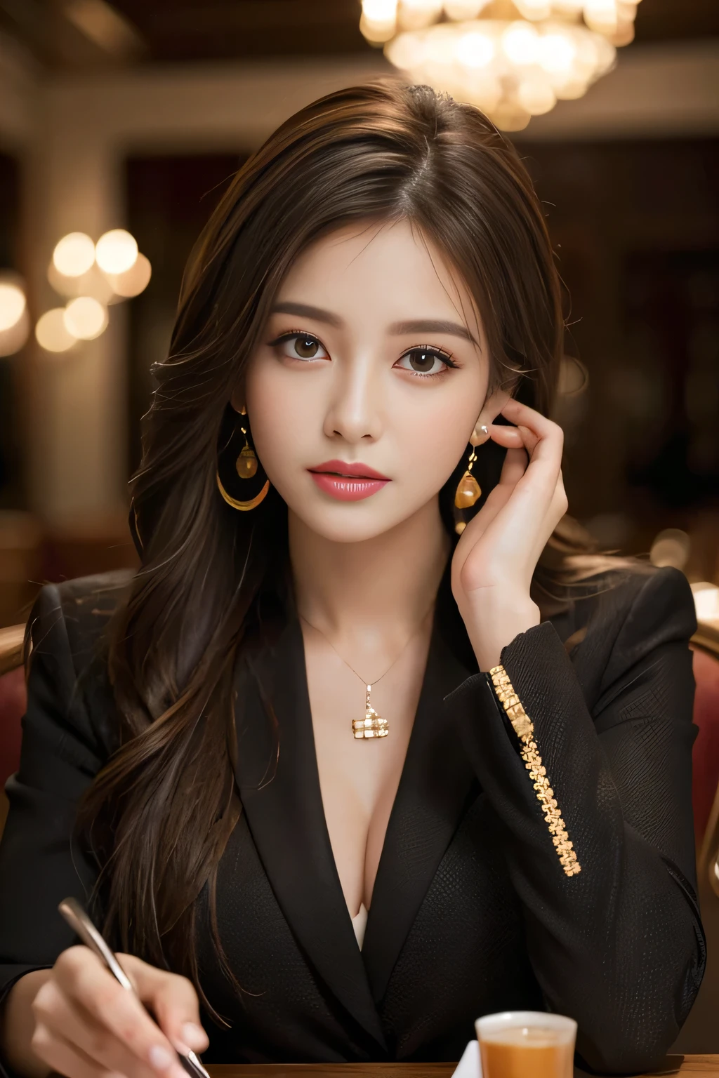 masterpiece, Highest quality, Realistic, Very detailed, Finer details, High resolution, 8k wallpaper, One beautiful woman,Wear a nice suit, In a great restaurant, At night, Light brown messy hair, Perfect dynamic composition, Beautiful and beautiful eyes、Big earrings、Sit on a chair