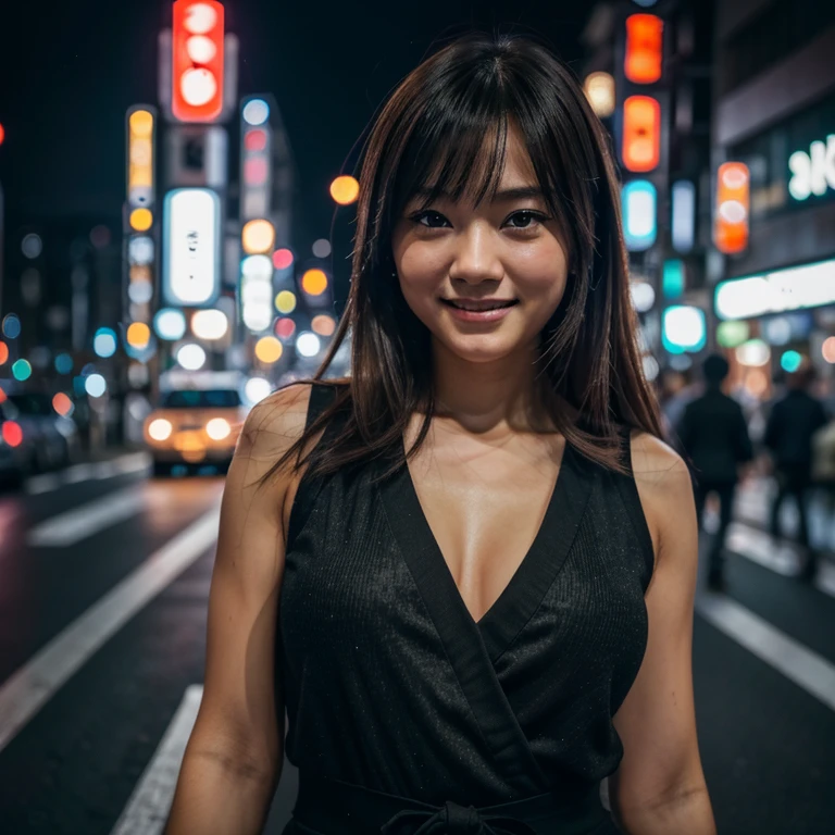 1girl, Tokyo street,night, cityscape,city lights,upper body,close-up,smile,, (8k, RAW photo, best quality, masterpiece:1.2),(realistic, photo-realistic:1.37),
