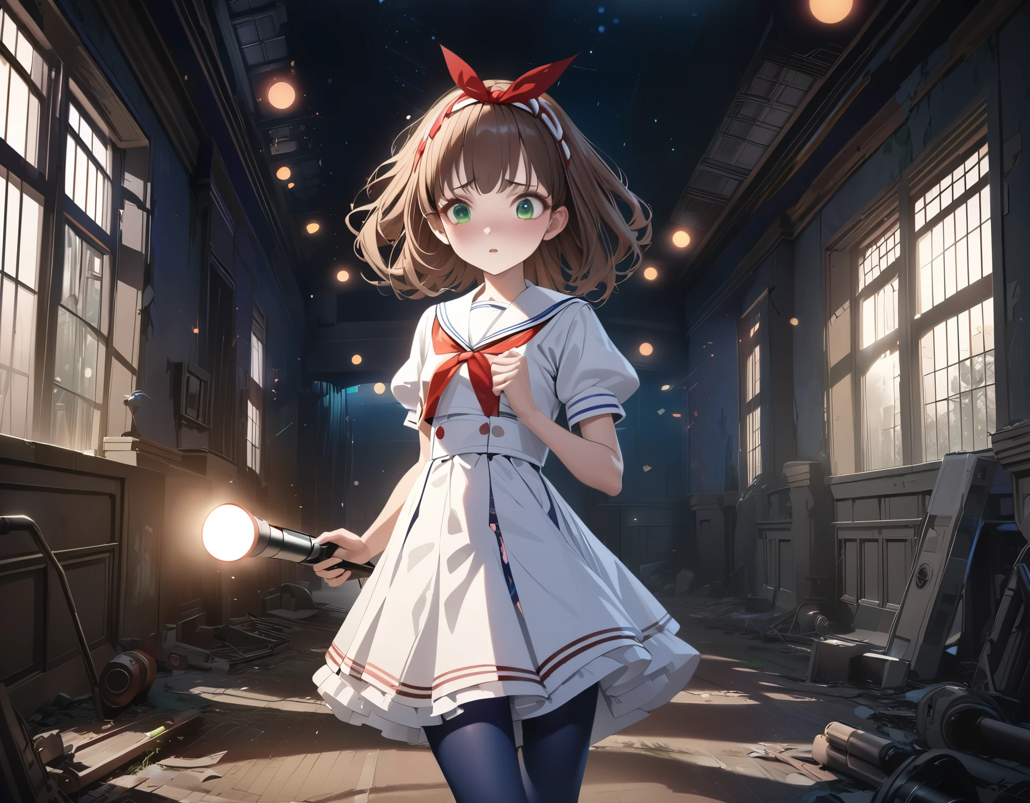 (best quality,4k,highres),ultra-detailed,realistic,portraits, Japaneese school girl, looks scared, green eyes, long brown hair,anime style,futuristic, Frutiger Aero aesthetic, eco- modernism, bokeh, ribbon headband,small breast,futuristic sailor lolita dress,puffy sleeves,white and blue,colorful lighting, red ribbon, navy blue pantyhose,sport shoes, holding a flashlight, walking alone in a abandoned haunted mansion with ghost, at night, low lighting, darkness, highly detailed, 4K.