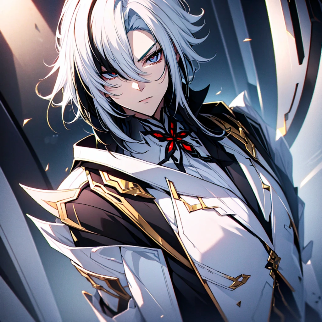 male character. black clothes. White hair. golden eyes. is in a futuristic setting.