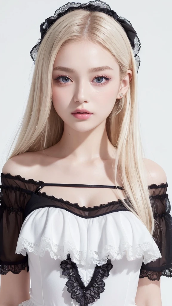 (((White frills、Black lace、blouse、Off the shoulder、one piece、White background)))、forehead、Northern Europe、Russia、beautiful girl、Platinum Blonde Hair、Straight long hair、Hitting the face and front of the eyes、Big blue eyes、Sheer white and wet nightgown、Northern Europeの若者、Perfect body、White tendons、Glowing Skin、Young and beautiful skin、A perfect and beautiful little face、Bright makeup、Pale pink lips、Bright expression、16-year-old girl、lipstick、Deceptive advertising、Viewer&#39;s vision、Golden Hour Lighting、Bokeh Atmosphere Perspective、detailed、Movie Light、複雑なdetailed、High resolution、 フェイスデザインのdetailedな特徴、Attention to detail、Clear focus、Smoothness、aesthetics、Printed、Octane、{{masterpiece}}