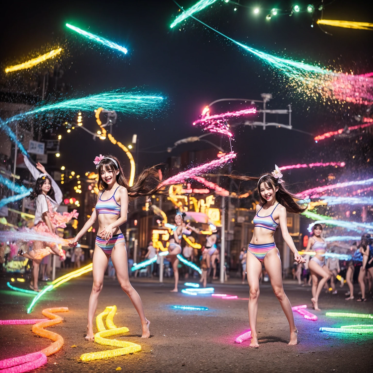 ((ExtremelyDetailed (PUNIPUNI KAWAII 12 Girls in a row:1.37) Shibuya Hachiko-mae scramble crossing)), (masterpiece 8K TopQuality:1.2) (ProfessionalPhoto:1.37), {(Standing Full Body:1.2)|Dancing}, Different types of hair colors, {(White(skinny school swimwear))|SchoolUniform|Tutu}, {Corrected Like hand|Hiddenhand}, (Joyful Expressions LifeLike Rendering), PerfectLighting (RainbowColor particles:1.2)(Dazzling Blurred ColorfulLights) MotionBlur BREAK (Acutance:0.8) Impeccable Radiant PearlSkin with Transparency . (((no extra limbs)))