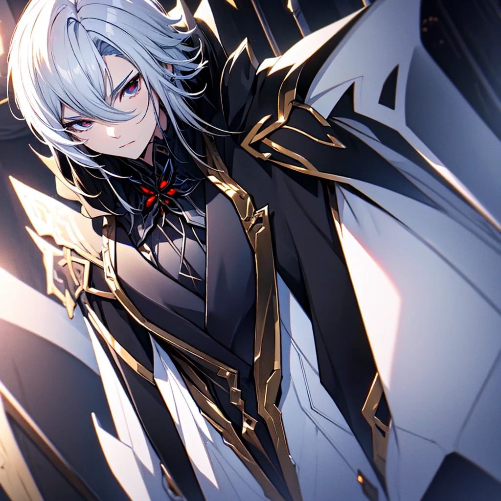 male character. black clothes. White hair. golden eyes. is in a futuristic setting.