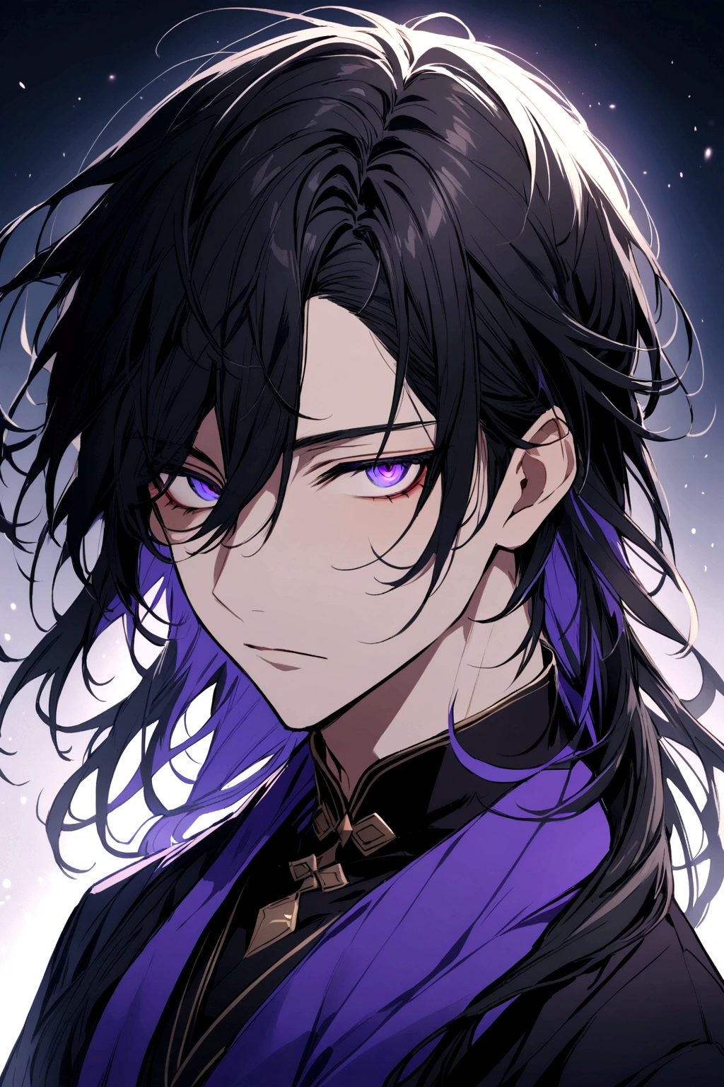 A stunning animie male with Black hair. His eyes are practically covered with his hair. His eyes are two diffrent colors, one blue, one purple.