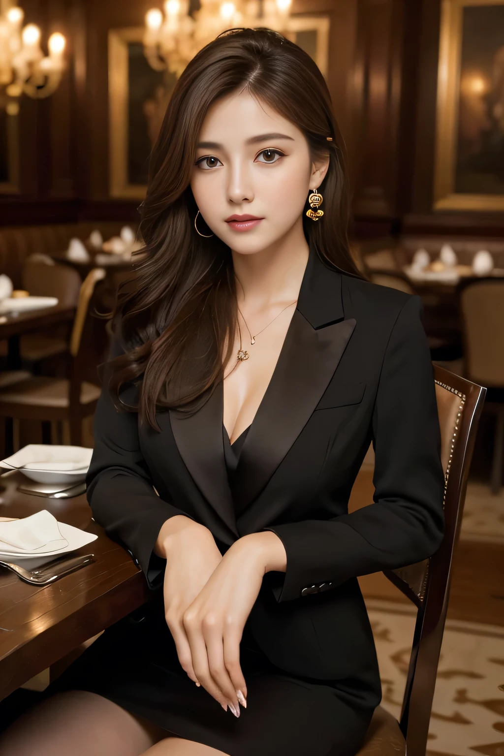 masterpiece, Highest quality, Realistic, Very detailed, Finer details, High resolution, 8k wallpaper, One beautiful woman,Wear a nice suit, In a great restaurant, At night, Light brown messy hair, Perfect dynamic composition, Beautiful and beautiful eyes、Big earrings、Sit on a chair