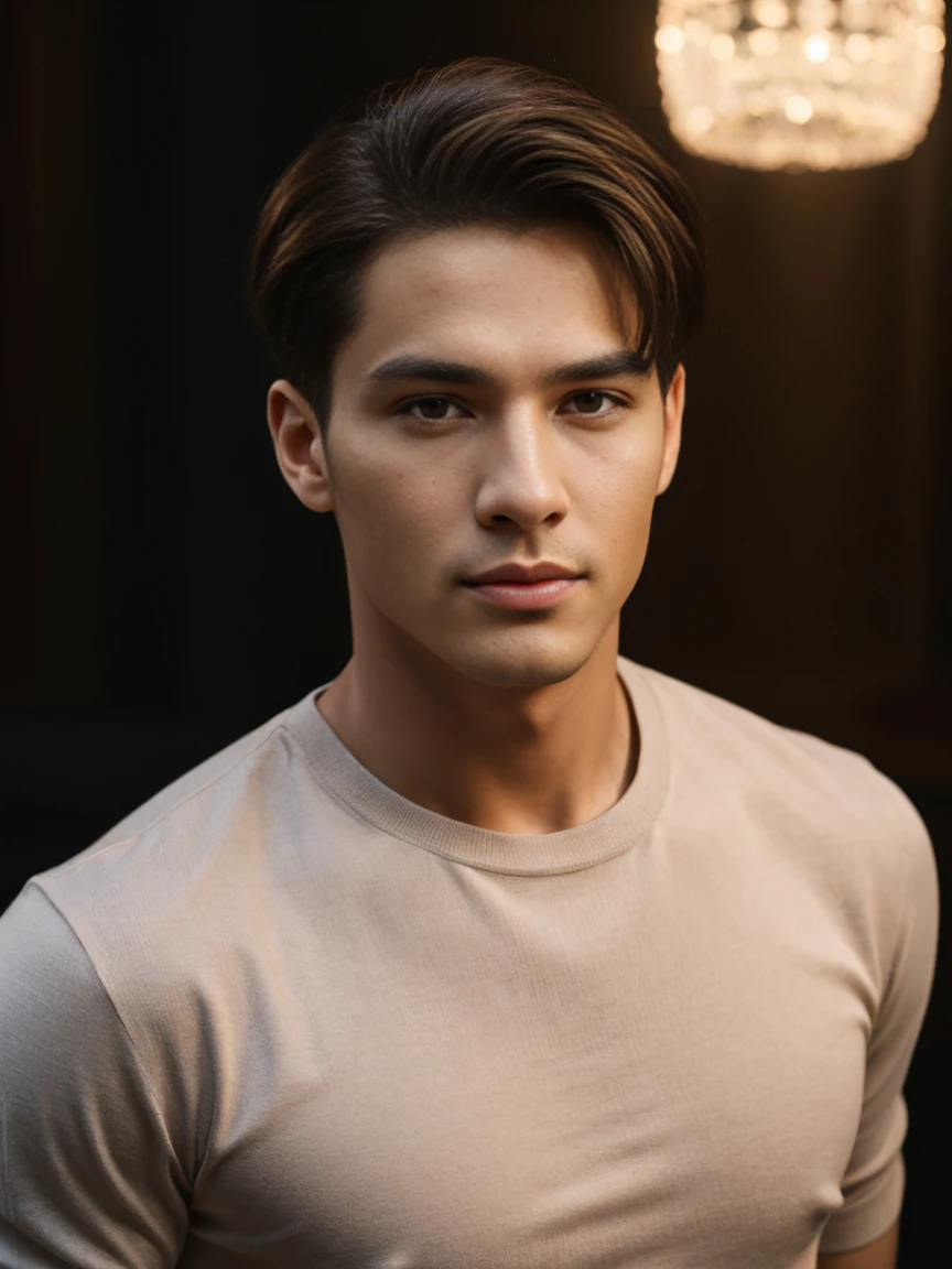 beautiful young man, short brown hair, frontal portrait, professional headshot, high quality, 8k, realistic, photorealistic, studio lighting, sharp focus, clean background, elegant pose, confident expression, cinematic lighting, natural skin tones, detailed facial features, intense gaze, masculine style, high-end fashion, editorial style, dramatic shadows