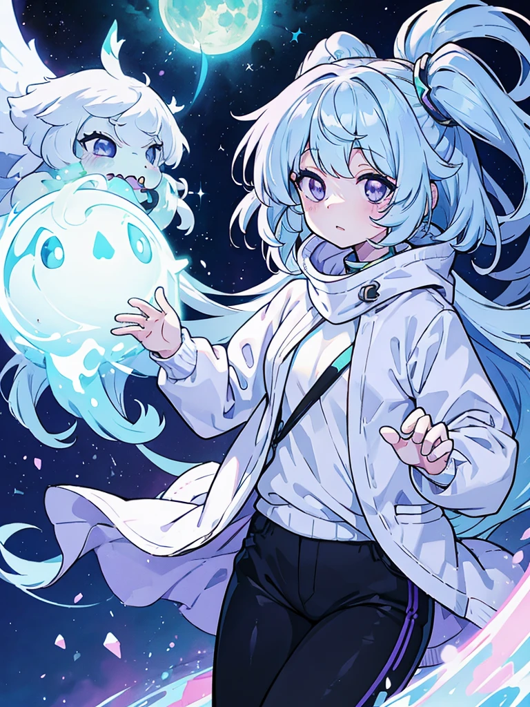 A 6 year old girl, Named: Luna, with long light blue hair, greenish purple eyes, and white skin tone, With a normal personality, Wearing a white sweatshirt, and black pants.