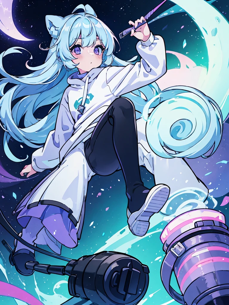 A 6 year old girl, Named: Luna, with long light blue hair, greenish purple eyes, and white skin tone, With a normal personality, Wearing a white sweatshirt, and black pants.