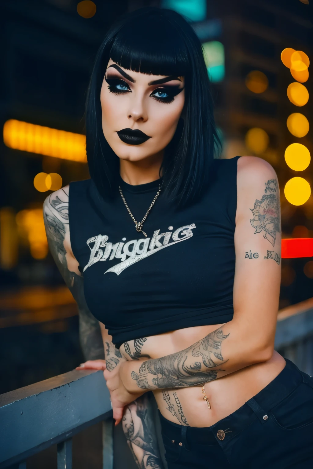 Photorealistic, ultra-detailed, Rocker goth woman, portrait photo, Solo, leaning against a worn-out guitar amp, dimly lit room, edgy urban scene with graffiti, dark and moody, late evening, city lights flashing, neon lighting The essence of rock and roll, ((cut hair with fringe, makeup)), 25 years old, assertive, confident expression, showcasing multiple piercings, blurry background, Crystal clear eyes gleaming with passion, analogue style, grunge texture, Best contrast, industrial, Instagram LUT, Professional, 4k, electrifying gaze, shot on Nikon, 50mm, shallow depth of field, K