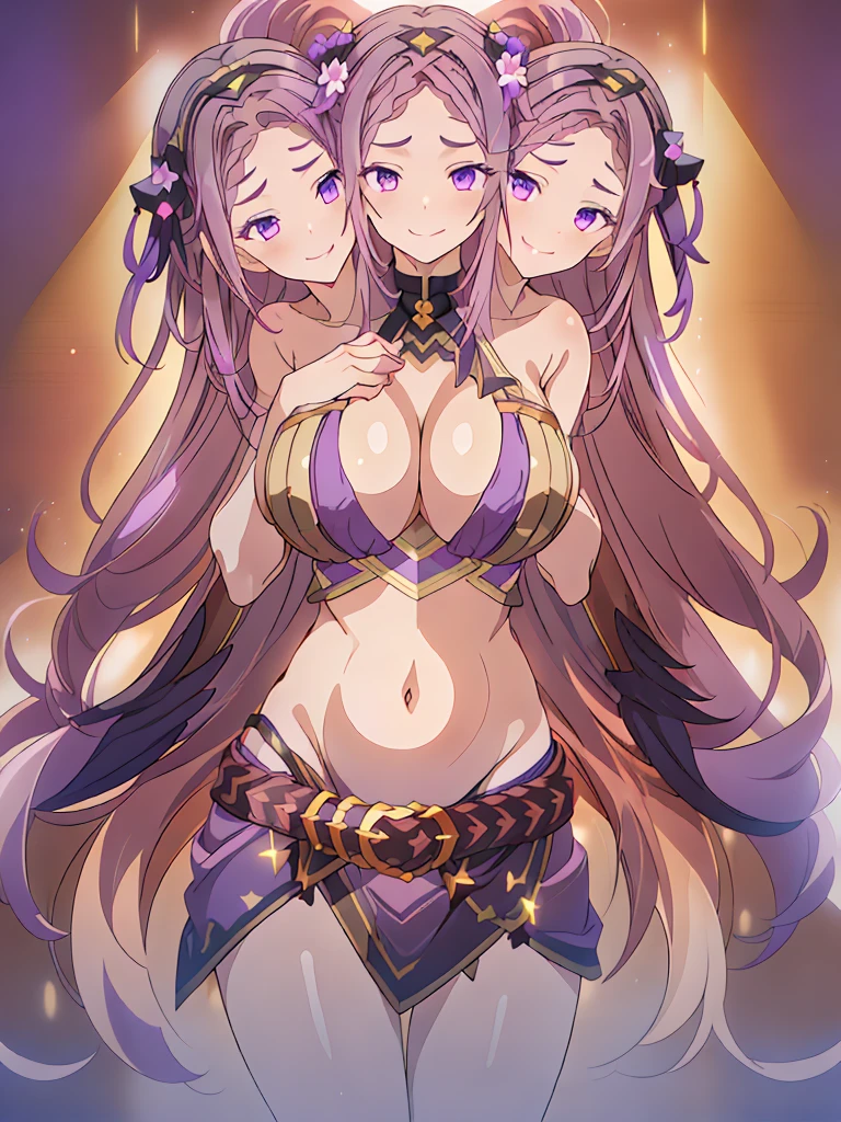 (masterpiece, best quality), best resolution, (3heads:1.5), 1girl, dark ppink-violet hair, long flowing hair, smiling, seductive smile, smirk, open belly, dark purple-gold crop top, dark purple miniskirt, open breasts, very huge tits, sexy pose, alluring presence, grey eyes,