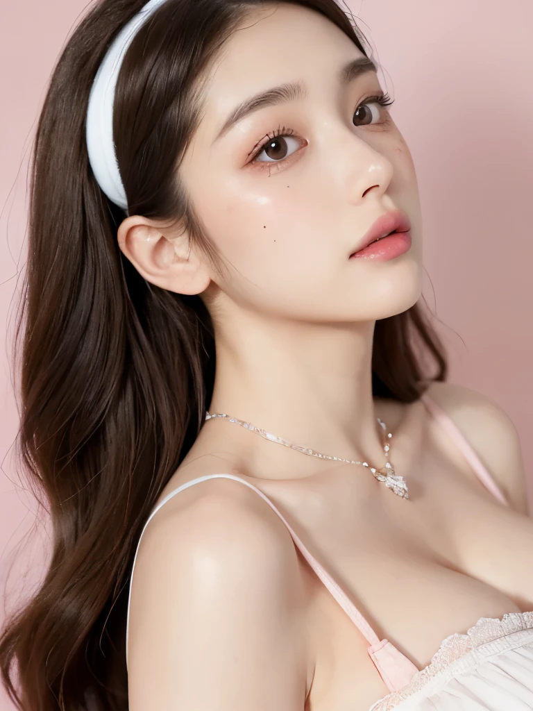 (((best quality))),(((ultra detailed))),(((masterpiece))),illustration,((1girl,solo)),(shoulder-length bob:1.2),(black hair:1.3),((bright eyes,flawless skin)),((slim,thin)),((small breasts,flat chest)),(dog collar with a bell:1.2),(strapless pink sheer bra:1.3),sweetheart neckline,innocent yet alluring,(In a pink princess theme bedroom:1.3),(colorful gift box:1.2),wonderful expression,big bows,festive atmosphere,balloons and streamers,sunlight streaming in,radiant smile,anticipation,joy and excitement,capturing a moment of pure happiness,((from front,close-up of face))